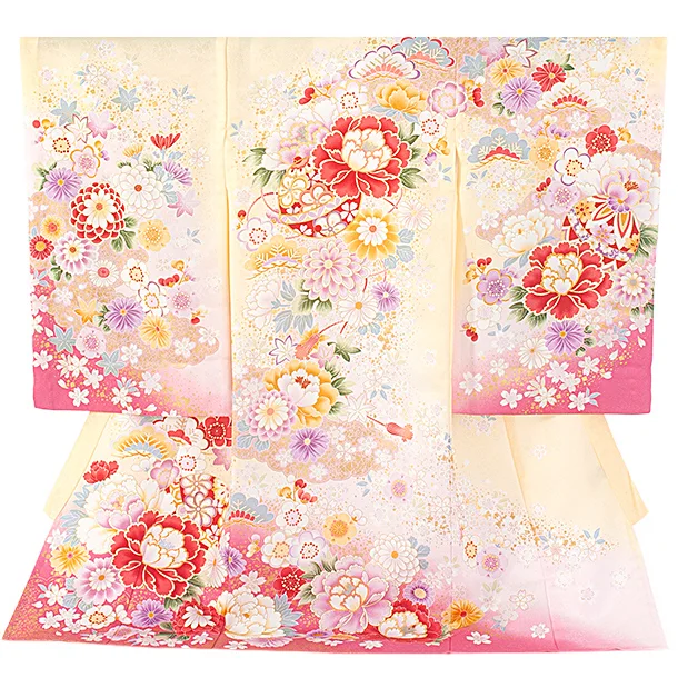 女児産着 お宮参りD0111 単衣 黄色ピンク 花と毬