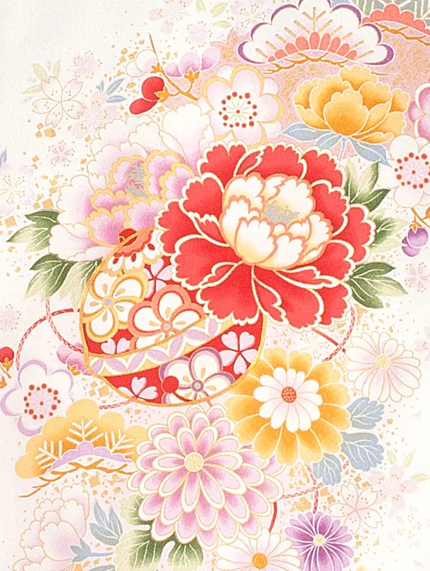 女児産着 お宮参りD0112 単衣 白ピンク 花と毬