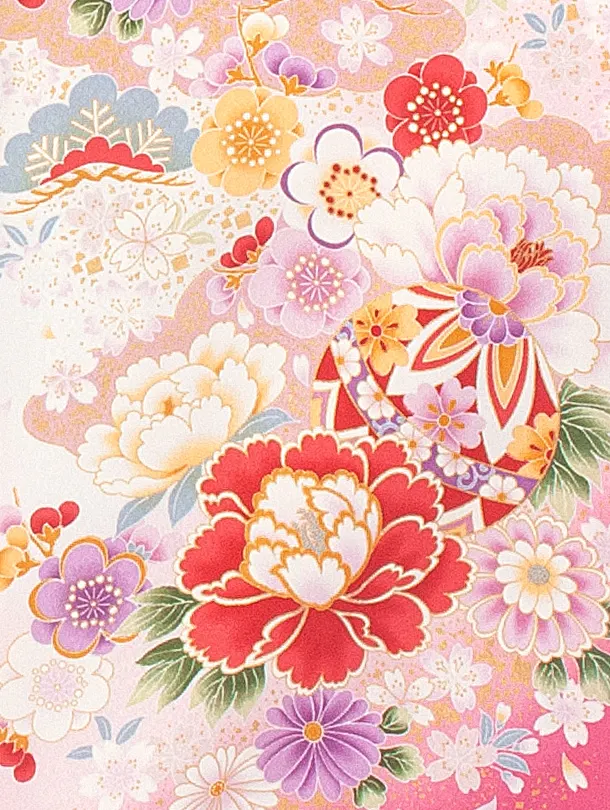 女児産着 お宮参りD0112 単衣 白ピンク 花と毬