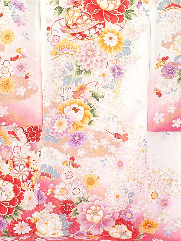 女児産着 お宮参りD0112 単衣 白ピンク 花と毬