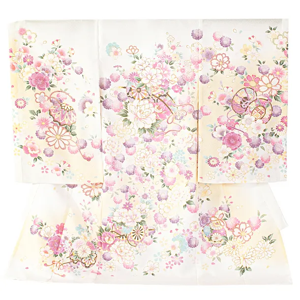 女児産着 お宮参りD0116 単衣 白クリーム 花車