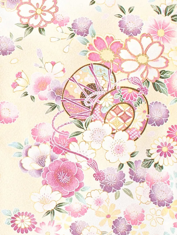 女児産着 お宮参りD0116 単衣 白クリーム 花車