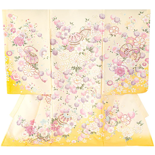 女児産着 お宮参りD0117 単衣 黄色クリーム 鞠