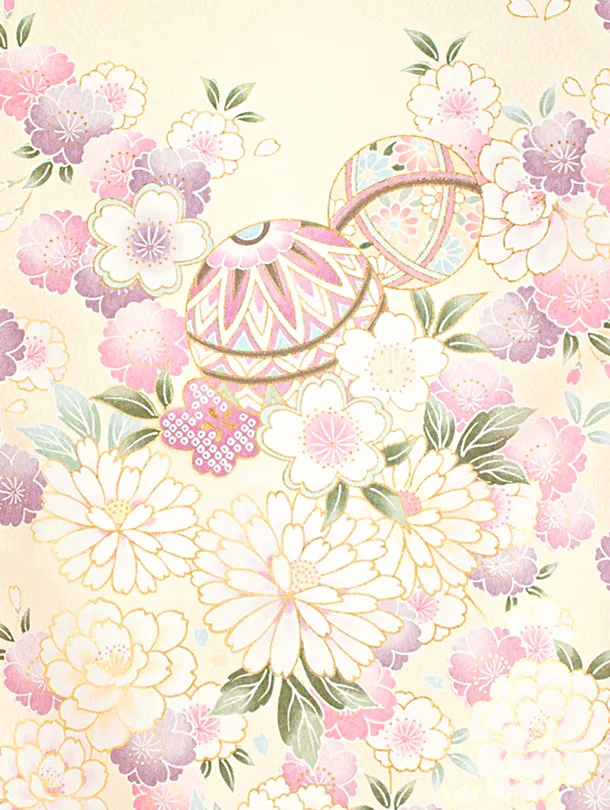 女児産着 お宮参りD0117 単衣 黄色クリーム 鞠