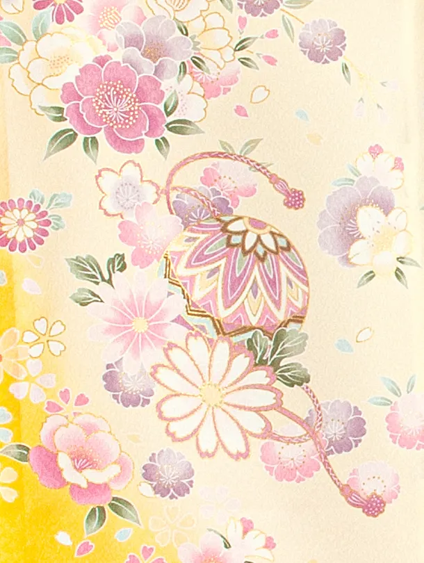 女児産着 お宮参りD0117 単衣 黄色クリーム 鞠