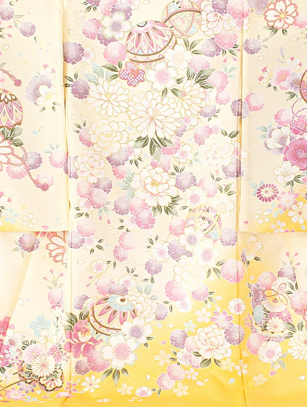 女児産着 お宮参りD0117 単衣 黄色クリーム 鞠