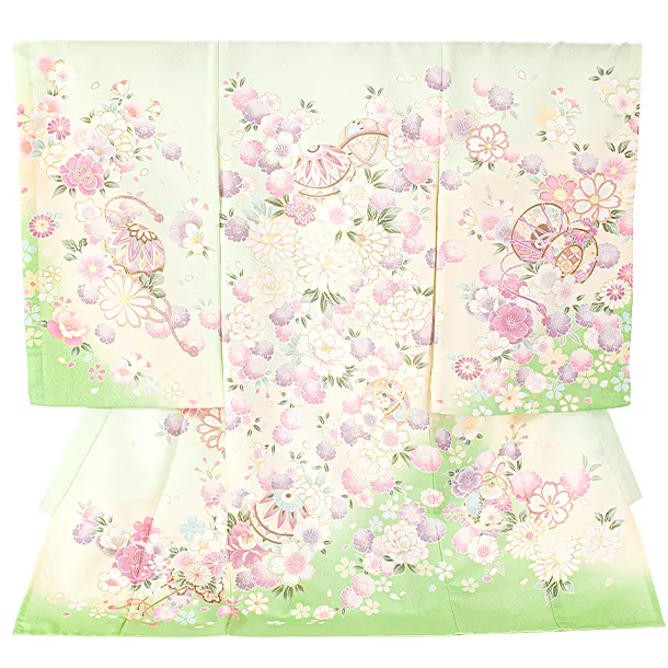 女児産着 お宮参りD0118 単衣 薄緑 鞠