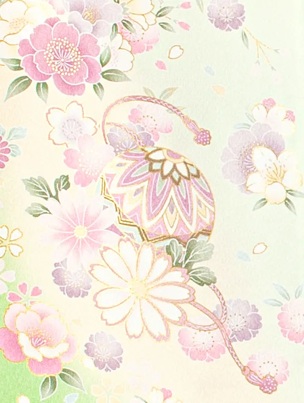 女児産着 お宮参りD0118 単衣 薄緑 鞠