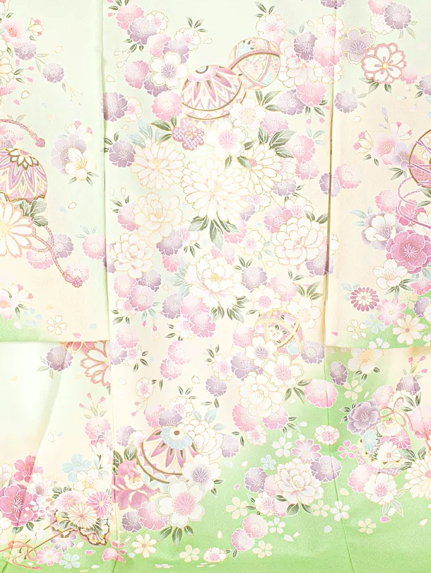 女児産着 お宮参りD0118 単衣 薄緑 鞠