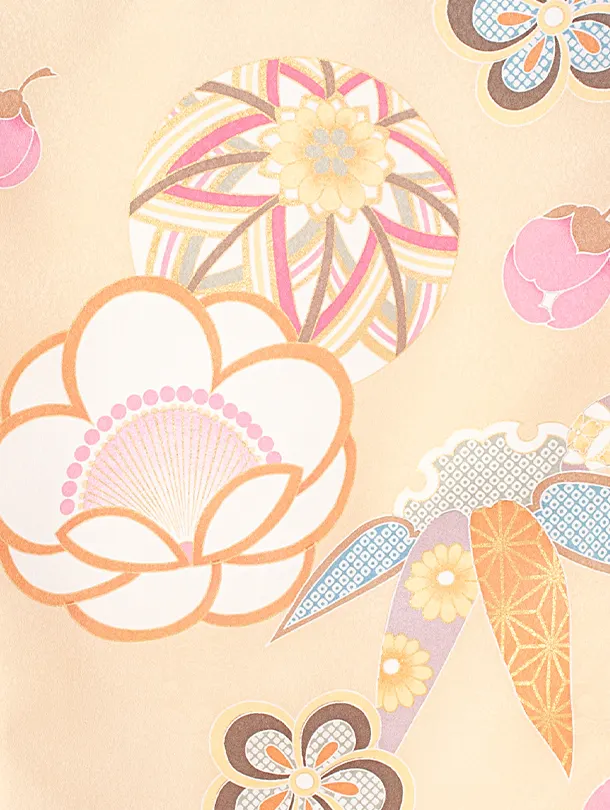 女児産着 お宮参りD0120 薄オレンジ 鞠 梅 地紋