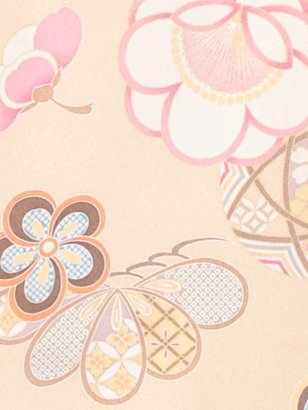 女児産着 お宮参りD0120 薄オレンジ 鞠 梅 地紋