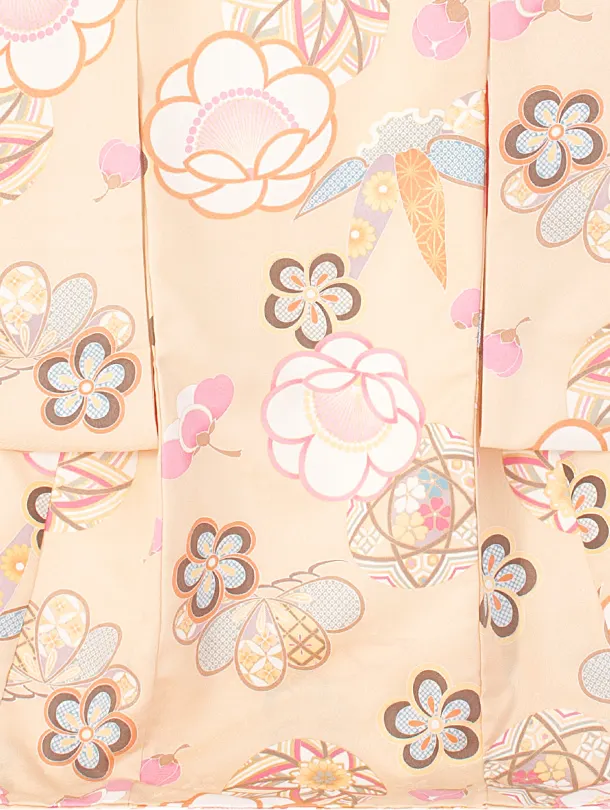 女児産着 お宮参りD0120 薄オレンジ 鞠 梅 地紋