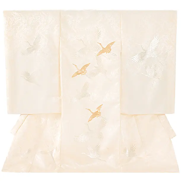 男児女児 産着 お宮参りD0121 薄クリーム 金鶴