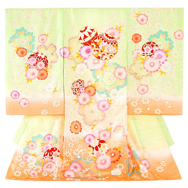 【正絹】女児産着 お宮参りD0126 ひわオレンジ 鞠と花 ししゅう