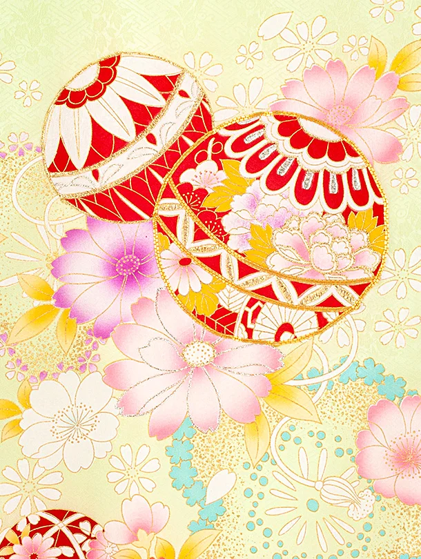 【正絹】女児産着 お宮参りD0126 ひわオレンジ 鞠と花 ししゅう