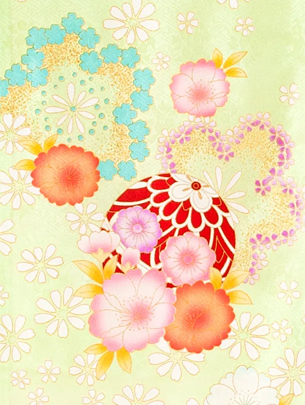 【正絹】女児産着 お宮参りD0126 ひわオレンジ 鞠と花 ししゅう