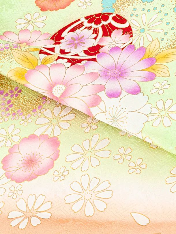 【正絹】女児産着 お宮参りD0126 ひわオレンジ 鞠と花 ししゅう