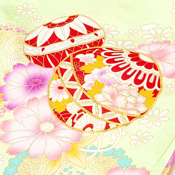 【正絹】女児産着 お宮参りD0126 ひわオレンジ 鞠と花 ししゅう