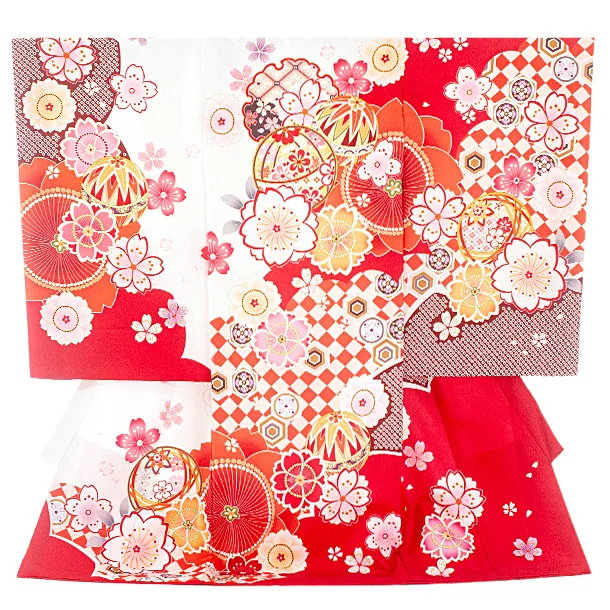 女児産着 お宮参りD0127 白赤 桜鞠 市松 ししゅう