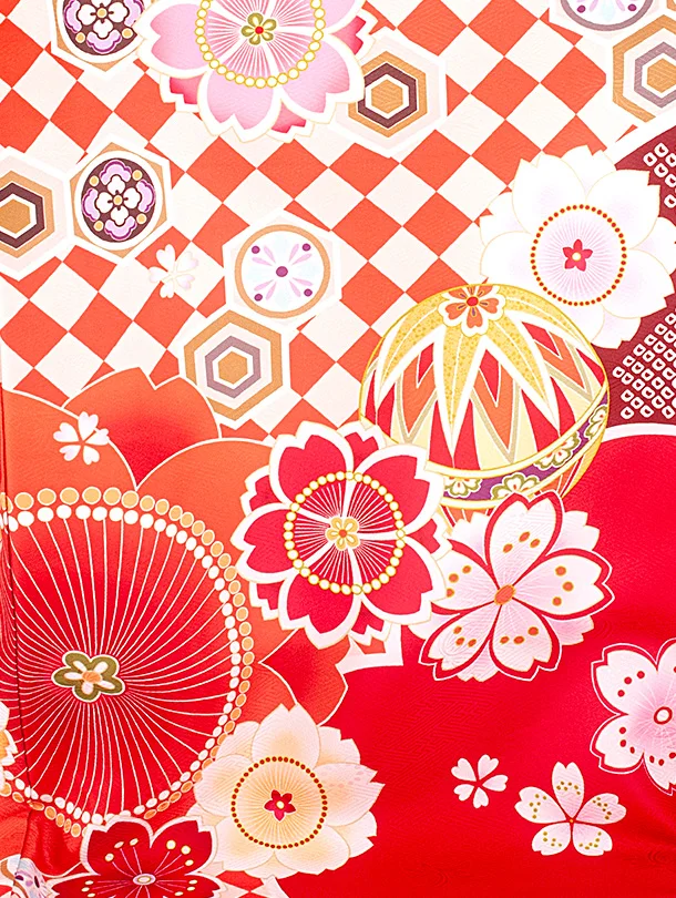 女児産着 お宮参りD0127 白赤 桜鞠 市松 ししゅう