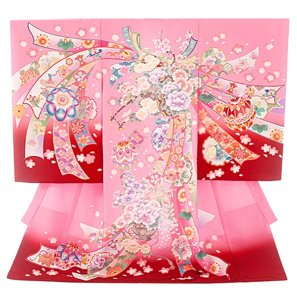 女児産着 お宮参りD0130 ピンク赤 花車 鞠 のし