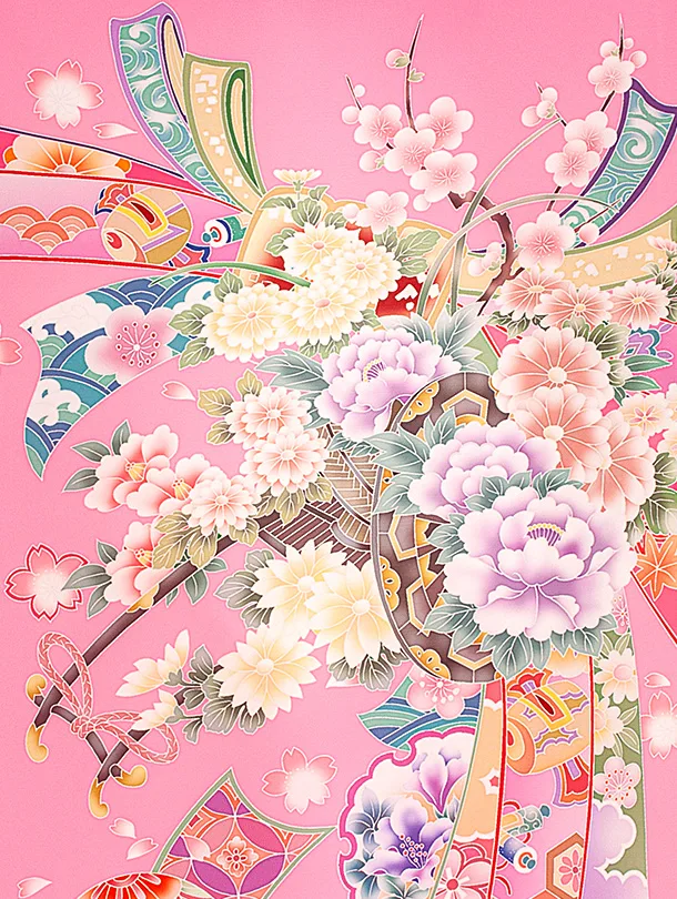 女児産着 お宮参りD0130 ピンク赤 花車 鞠 のし