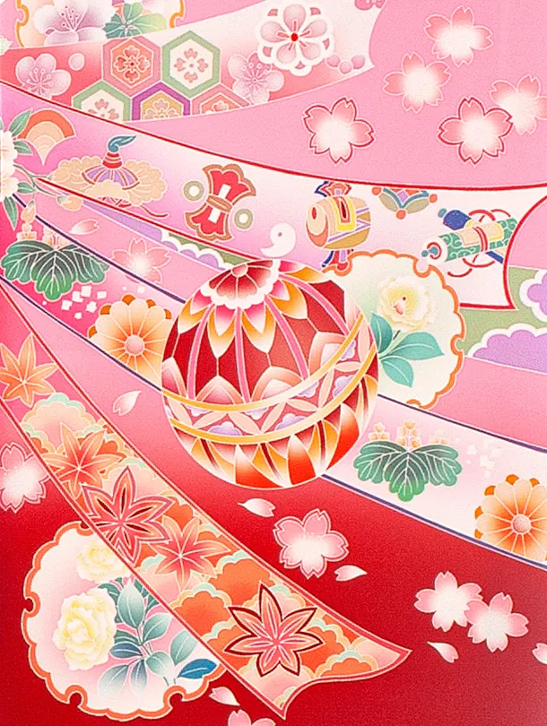 女児産着 お宮参りD0130 ピンク赤 花車 鞠 のし