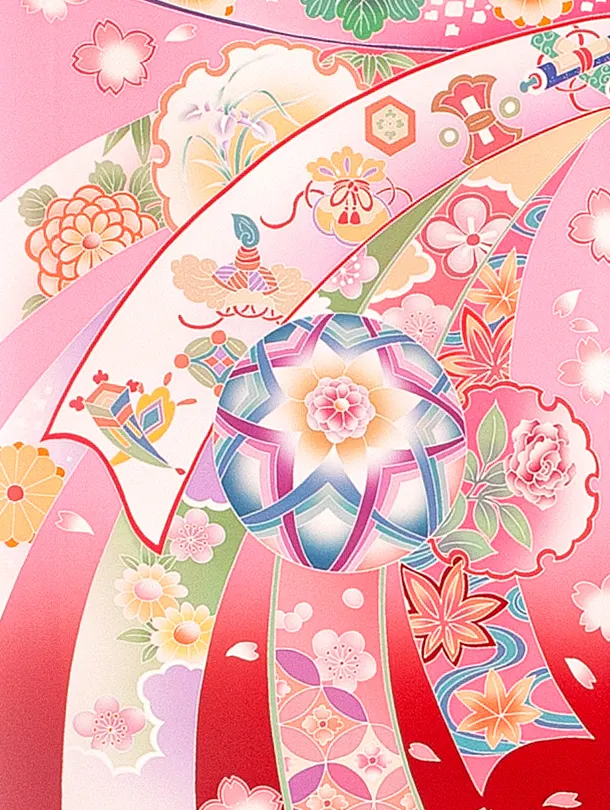 女児産着 お宮参りD0130 ピンク赤 花車 鞠 のし