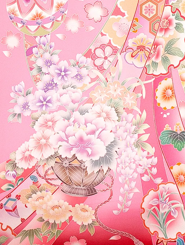 女児産着 お宮参りD0130 ピンク赤 花車 鞠 のし