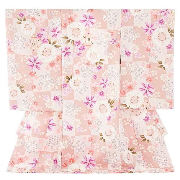 女児産着 お宮参りD0133 ピンクベージュ 桜 市松模様