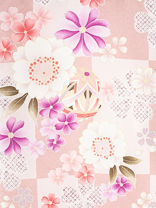 女児産着 お宮参りD0133 ピンクベージュ 桜 市松模様