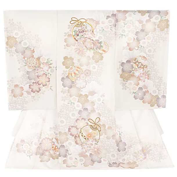 女児産着 お宮参りD0134 単衣 オフホワイト 鞠牡丹 桜