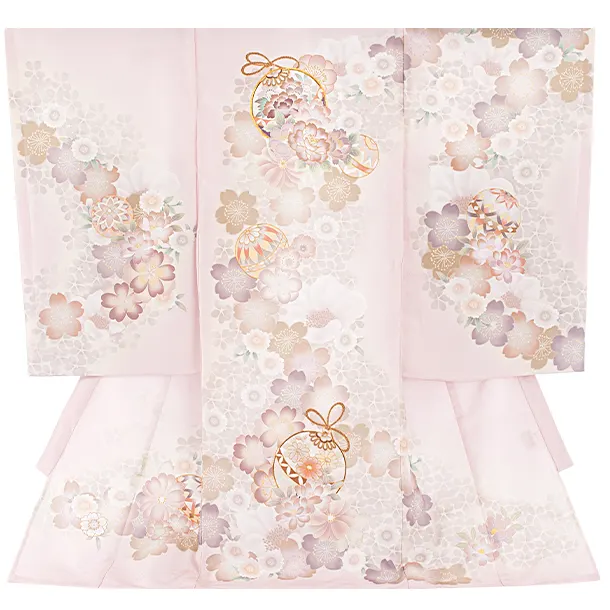 女児産着 お宮参りD0135 単衣 くすみピンク 鞠牡丹 桜