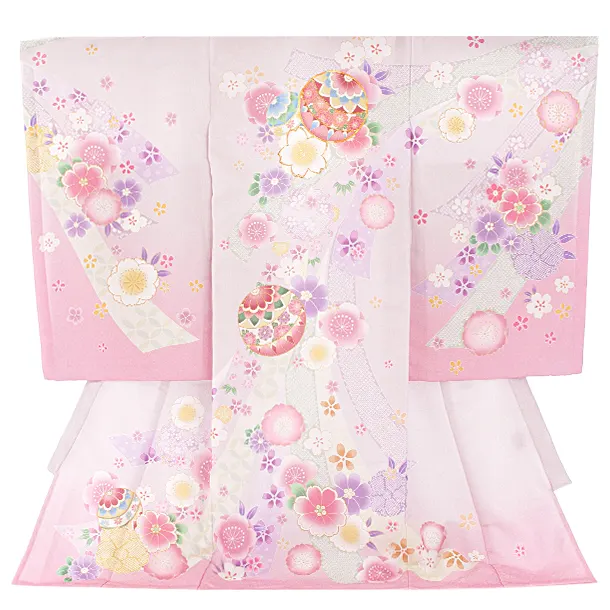 女児産着 お宮参りD0137 単衣 薄紫ピンク 鞠 のし 花