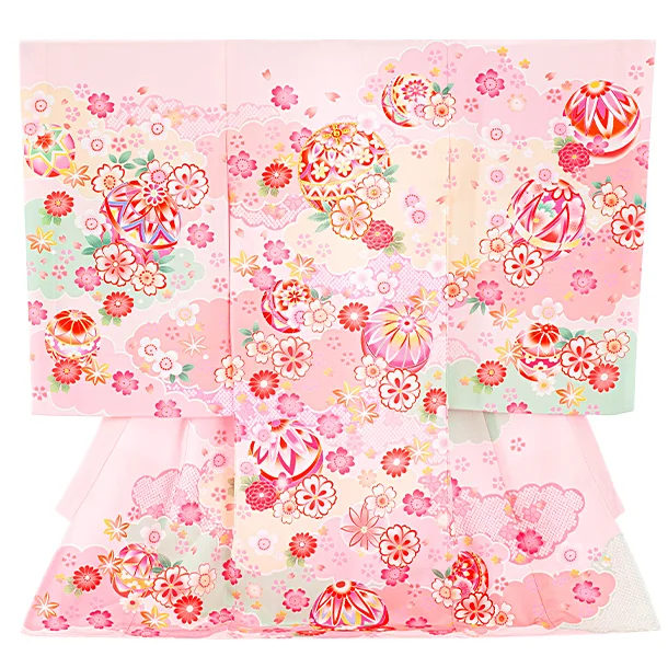 女児産着 お宮参りD0138 薄ピンク 鞠 雲取り 四季花