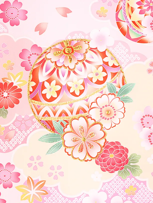 女児産着 お宮参りD0138 薄ピンク 鞠 雲取り 四季花