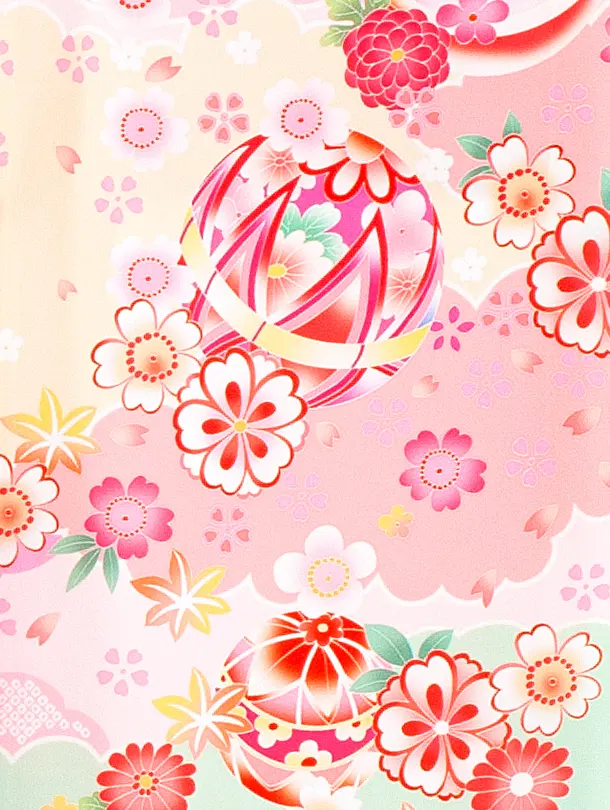 女児産着 お宮参りD0138 薄ピンク 鞠 雲取り 四季花