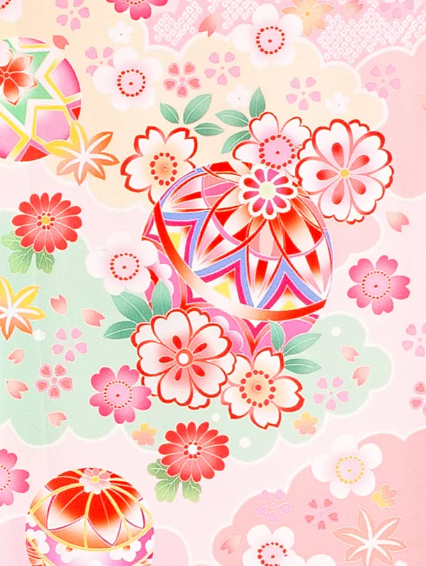 女児産着 お宮参りD0138 薄ピンク 鞠 雲取り 四季花