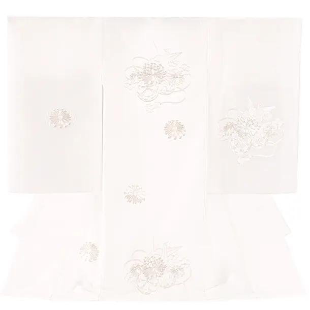 女児産着 お宮参りD0140 白 折鶴 花車 銀ししゅう