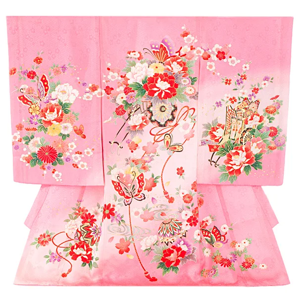 【正絹】女児産着 お宮参りD0141 ピンク 花車 蝶 鞠