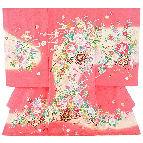 【正絹】女児産着 お宮参りD0142 サーモンピンク 花車 四季花