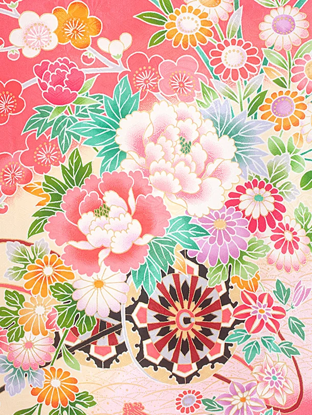 【正絹】女児産着 お宮参りD0142 サーモンピンク 花車 四季花