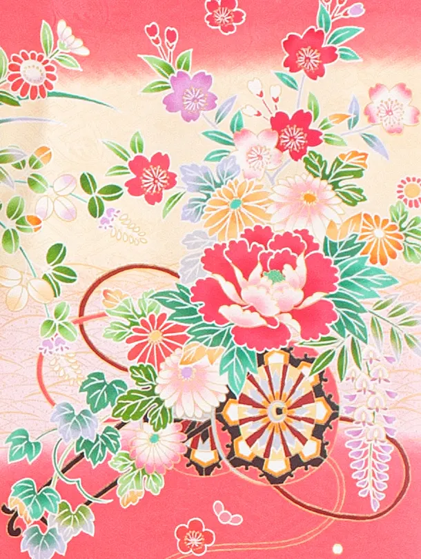 【正絹】女児産着 お宮参りD0142 サーモンピンク 花車 四季花