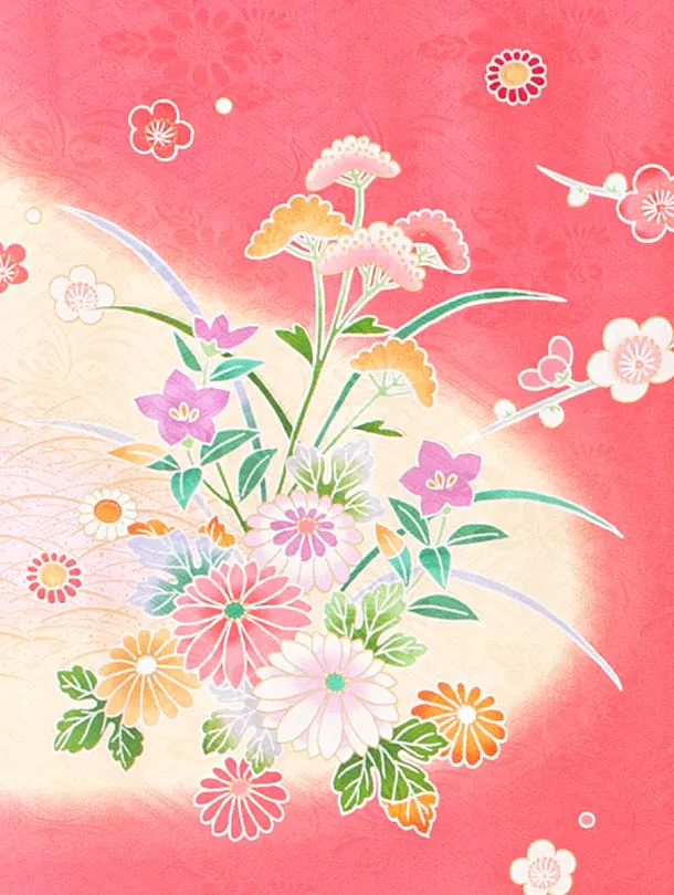 【正絹】女児産着 お宮参りD0142 サーモンピンク 花車 四季花