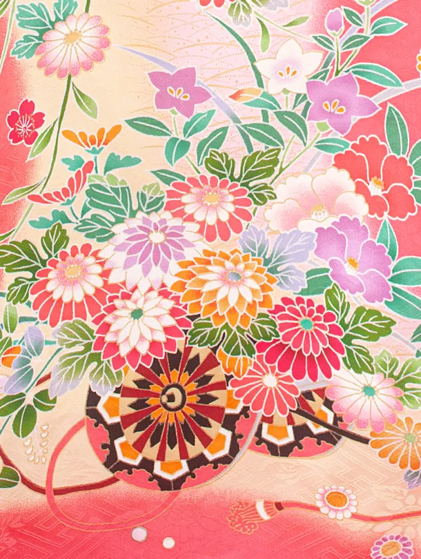 【正絹】女児産着 お宮参りD0142 サーモンピンク 花車 四季花