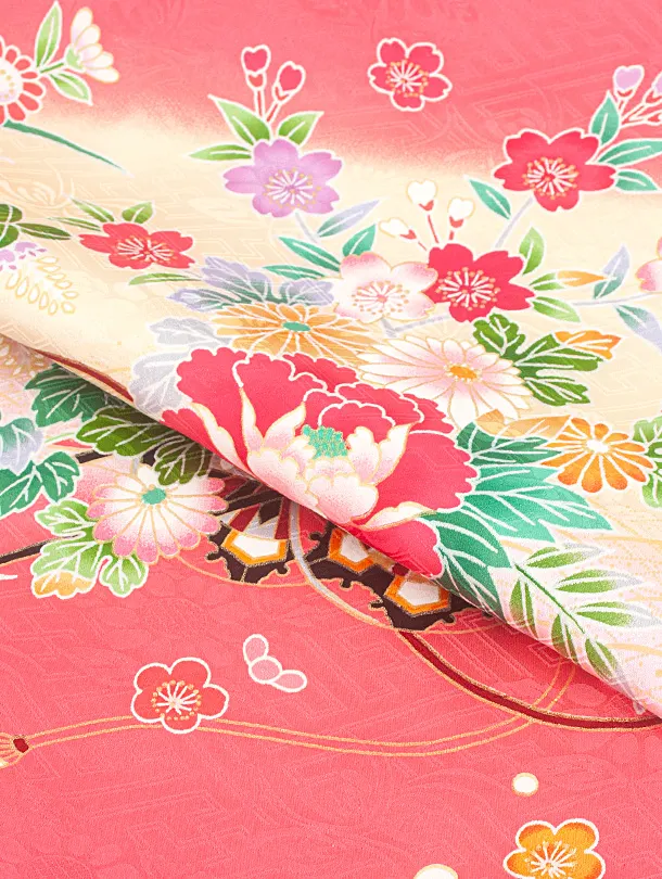 【正絹】女児産着 お宮参りD0142 サーモンピンク 花車 四季花