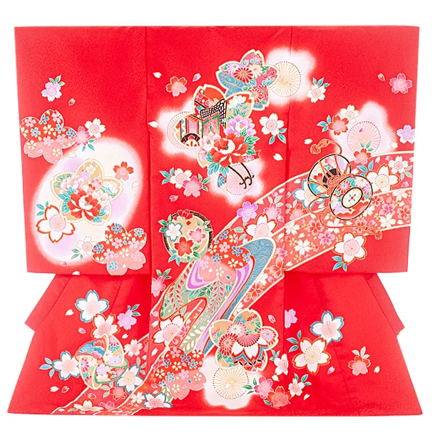 女児産着 お宮参りD0143 赤 桜 花車 鼓 鞠