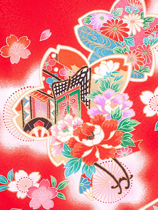 女児産着 お宮参りD0143 赤 桜 花車 鼓 鞠