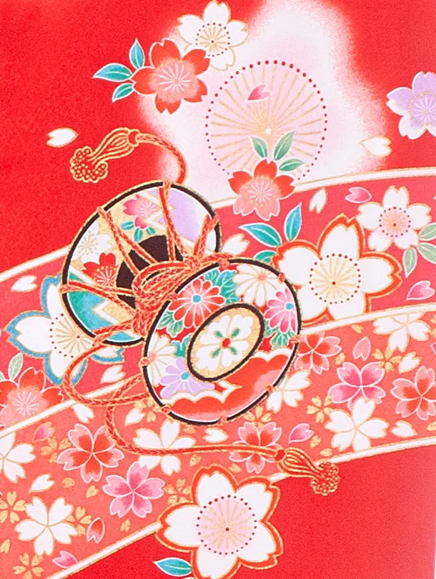 女児産着 お宮参りD0143 赤 桜 花車 鼓 鞠