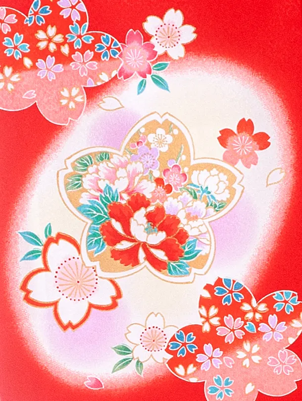 女児産着 お宮参りD0143 赤 桜 花車 鼓 鞠